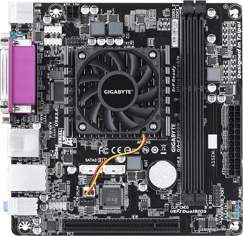 М/плата Gigabyte GA-E3000N (AMD E2-3000 onboard) (RTL) Dsub+HDMI GbLAN SATA Mini-ITX 2DDR3