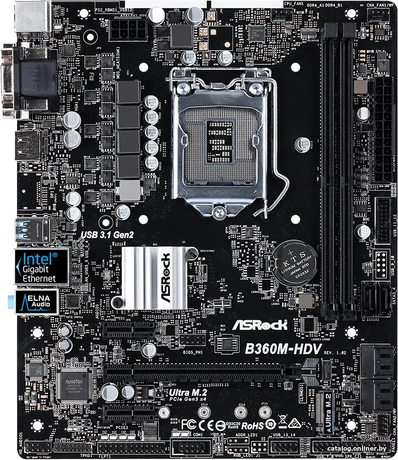 Мат. плата ASRock B360M-HDV (RTL) LGA1151 [B360] PCI-E Dsub+DVI+HDMI GbLAN SATA MicroATX 2DDR4