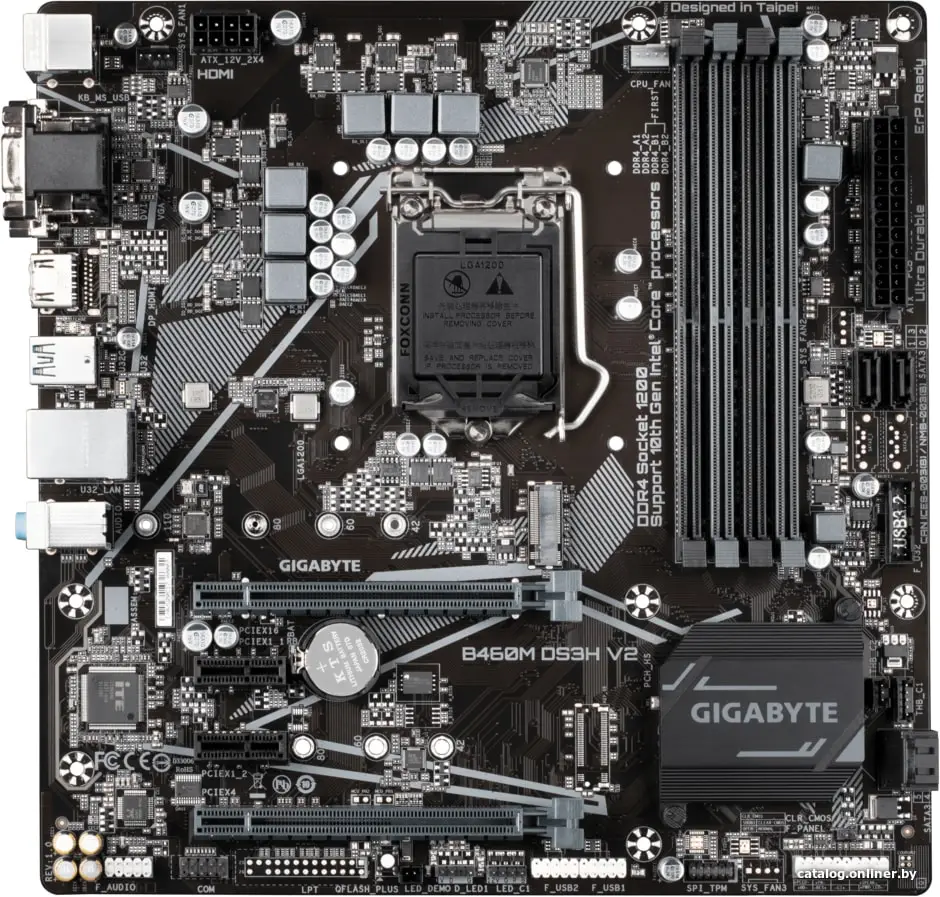 Мат. плата GIGABYTE B460M DS3H V2 (RTL) LGA1200 [H470] 2xPCI-E Dsub+DVI+HDMI GbLAN SATA RAID MicroATX 4DDR4