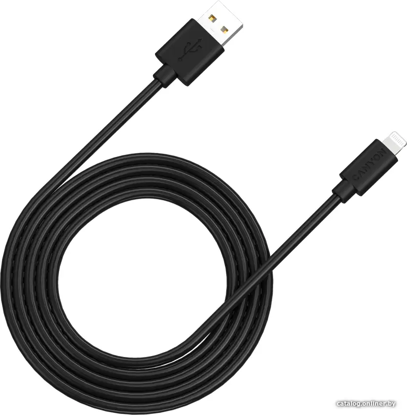 Купить CANYON MFI-12, Lightning USB Cable for Apple (C48), round, PVC, 2M, OD:4.0mm, Power+signal wire: 21AWG*2C+28AWG*2C,  Data transfer speed:26MB/s, Black.  With shield , with CANYON logo and CANYON package.  Certification: ROHS, MFI., цена, опт и розница